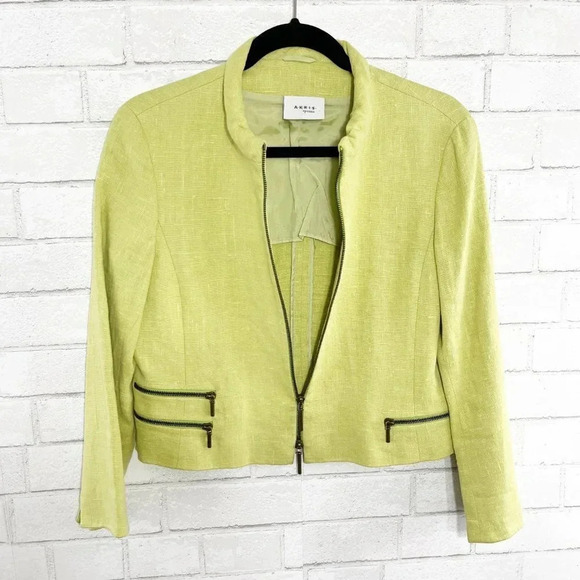 Akris Punto Lime Green 100% Linen Zip Front Blazer Jacket Women's Size 6 - Picture 5 of 9